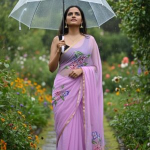 Lavender Bloom Hand Painted Chiffon Saree